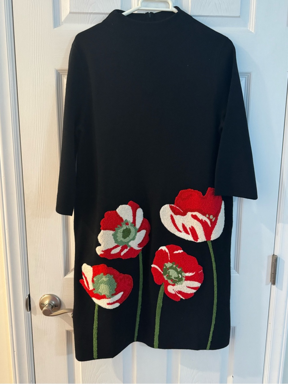 Frances Valentine Black Long-Sleeve Dress with Red & White Floral Appliqué